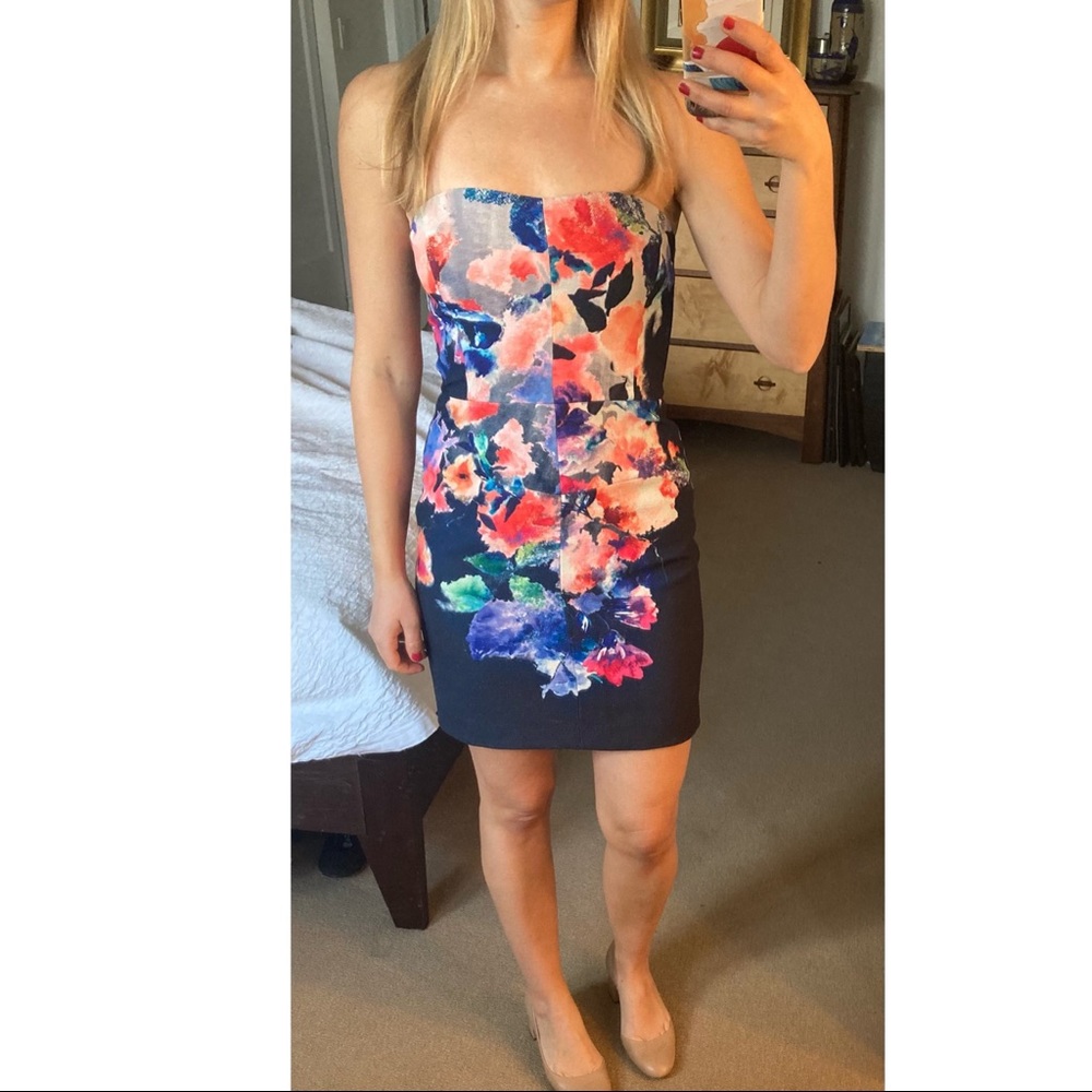 Black Halo floral blue strapless dress size 2